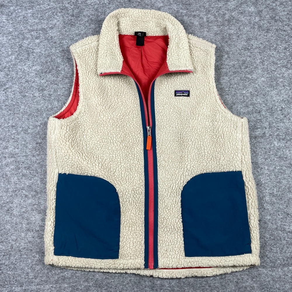 Patagonia Fleece Vest Girls XXL 16-18 Cream Navy Retro-X Full Zip Sherpa Pocket